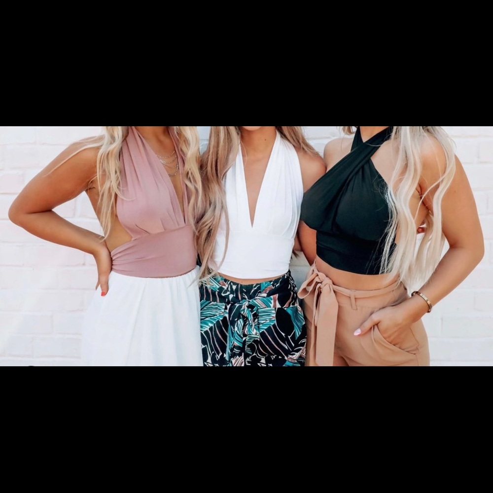 Boutique cropped, backless tie-back halter